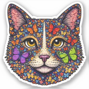 Colorful Butterfly Blooms Cat Portrait Kitty Lover