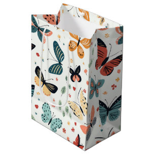 Colorful Butterfly, Flowers and Leaves Pattern Medium Gift Bag