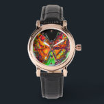 COLORFUL BUTTERFLY RED ,GOLD YELLOW BLACK WATCH<br><div class="desc">Colourful , whimsical magic butterfly in Spring , watercolor painting with golden and silver foil in bright teal blue green gold sparkles .Original watercolor  painting with gold and silver foil by Bulgan Lumini (c).</div>