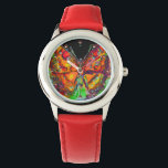 COLORFUL BUTTERFLY RED ,GOLD YELLOW BLACK WATCH<br><div class="desc">Colourful , whimsical magic butterfly in Spring , watercolor painting with golden and silver foil in bright teal blue green gold sparkles .Original watercolor  painting with gold and silver foil by Bulgan Lumini (c).</div>