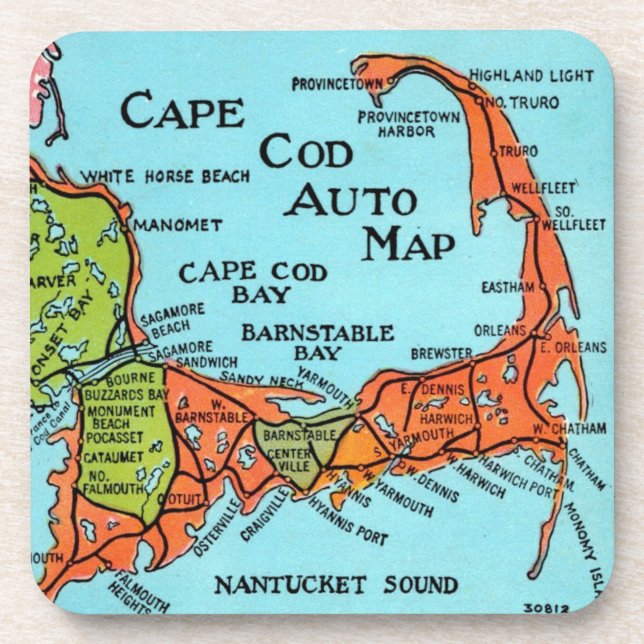 Colorful Cape Cod Map  Coaster (Front)