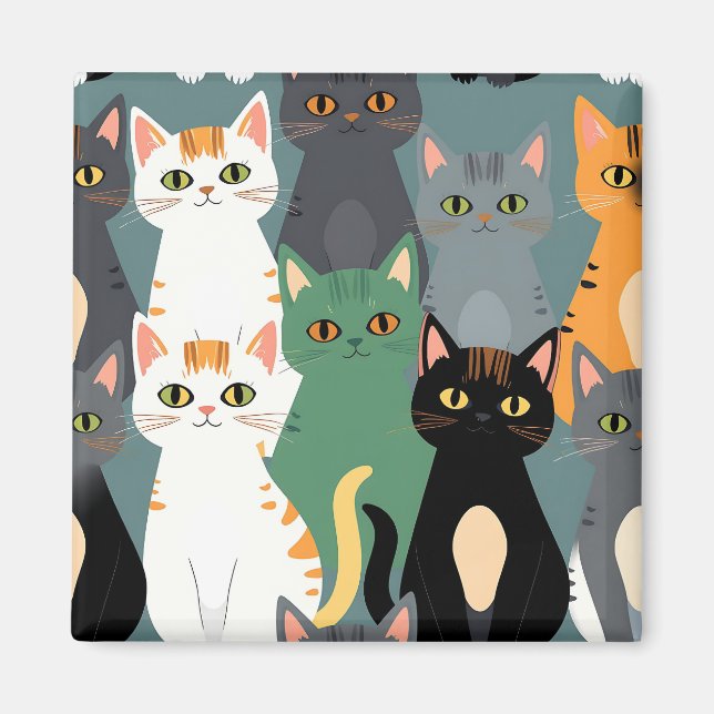 Colorful Cartoon Cat Crowd Pattern Magnet (Front)