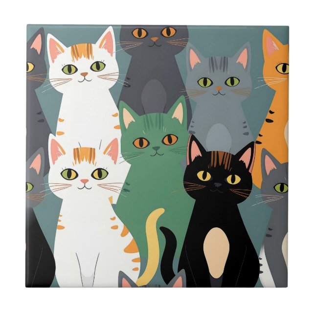 Colorful Cartoon Cat Crowd Pattern Tile (Front)
