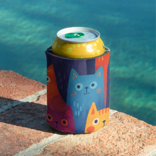 Colorful Cartoon Cat Pattern Cute Whimsical Cat Can Cooler