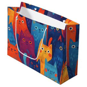 Colorful Cartoon Cat Pattern   Cute Whimsical Cat  Large Gift Bag