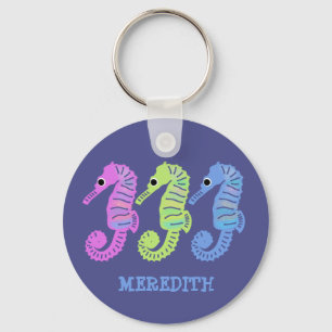 Colorful Cartoon Seashorses Fish Personalized Key Ring