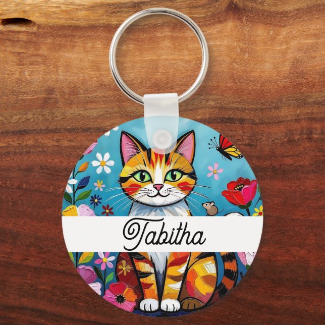 Colorful Cat and Butterfly Personalized Key Ring (Front)
