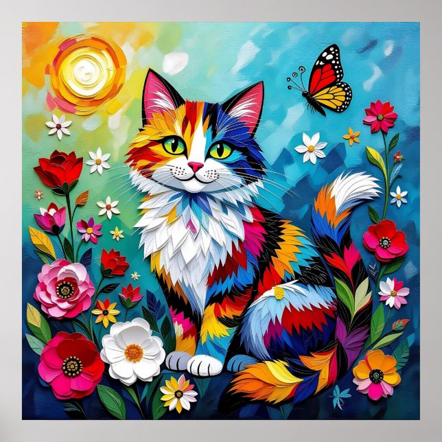 Colorful Cat and Butterfly Poster (Front)