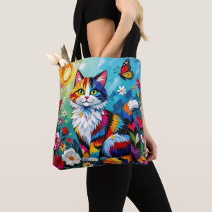 Colorful Cat and Butterfly Tote Bag