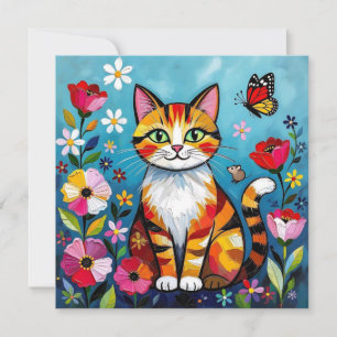 Colorful Cat, Flowers and Butterfly 