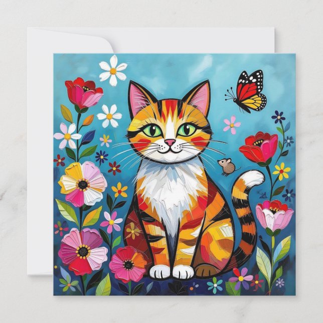 Colorful Cat, Flowers and Butterfly  (Front)