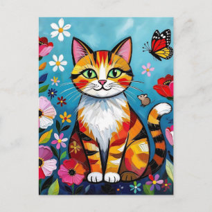 Colorful Cat, Flowers and Butterfly Postcard