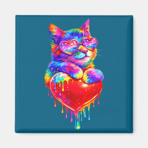 Colorful Cat Holding Heart Drip Valentines Day Kit Magnet