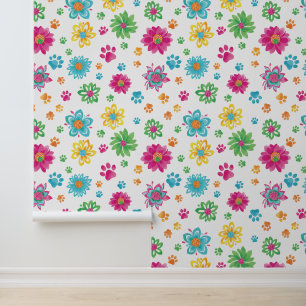 Colorful Cat Paw and Flower Pattern Wallpaper