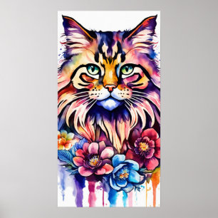 Colorful Cat Silhouette Watercolor Wall Poster