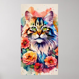 Colorful Cat Silhouette Watercolor Wall Poster