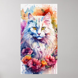 Colorful Cat Silhouette Watercolor Wall Poster