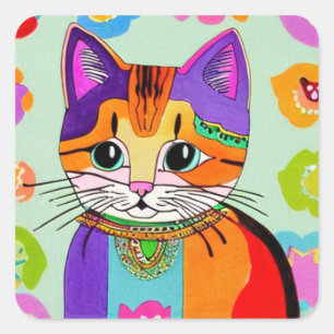 Colorful Cat with Whimsical Flowers Folk Art Square Sticker