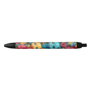 Colorful cats and flowers cute design black ink pen