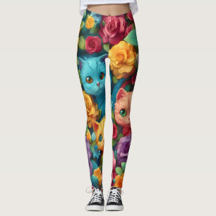 Colorful cats and flowers cute design leggings