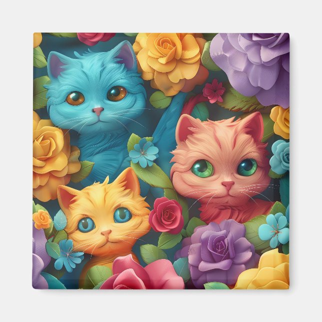 Colorful cats and flowers cute design magnet (Front)
