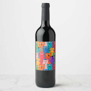 Colorful cats pattern wine label