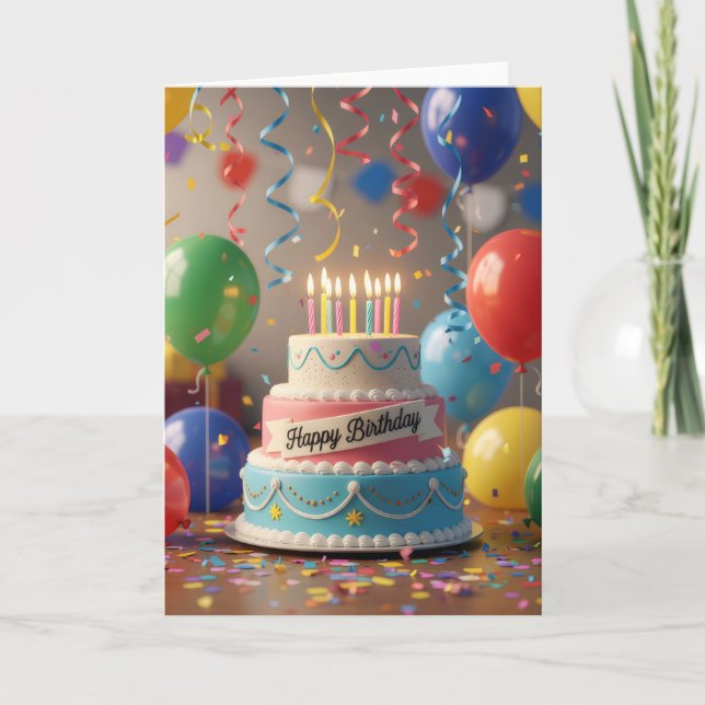Colorful Celebration Cake & Balloons Birthday Card (Front)