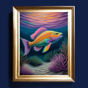Colorful Chalk Drawing Reef Fish Poster