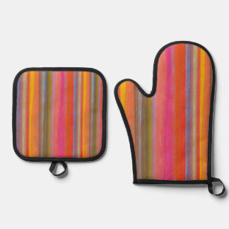 Colorful Charcoal Boho Stripes Oven Mitt & Pot Holder Set