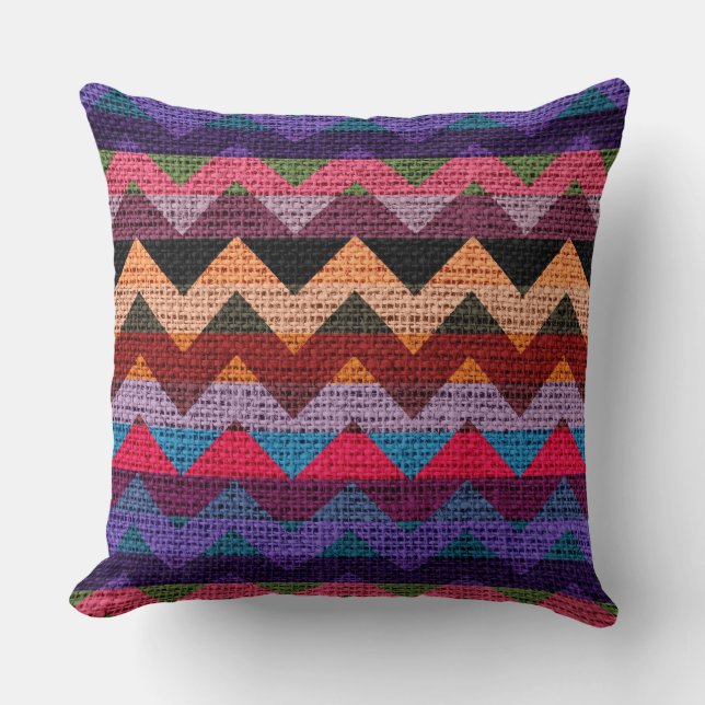 Colorful Chevron Pattern Burlap Rustic Jute #5 Cushion (Front)