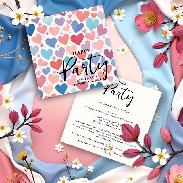 Colorful Chic Charming Scattered Hearts Engagement Invitation (Colorful Chic & Charming Scattered Hearts Engagement Party Invitations Cards.)