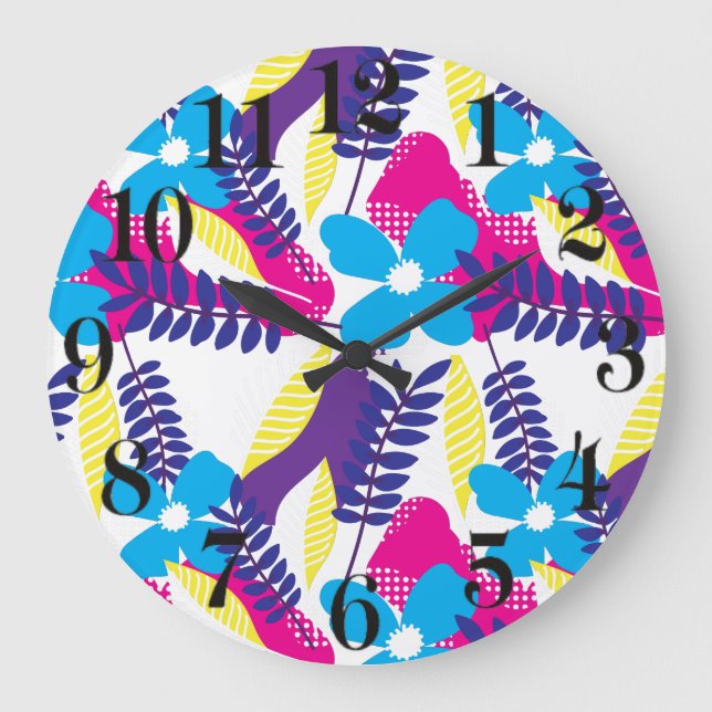 Colorful Chic Floral & Dot Pattern with Leaves Large Clock (Front)