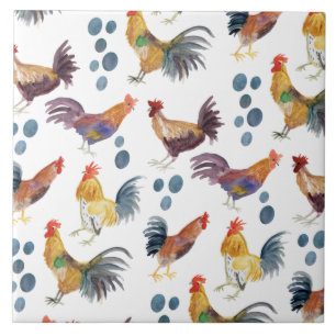 Colorful Chickens & Eggs Pattern Watercolor Farm Tile