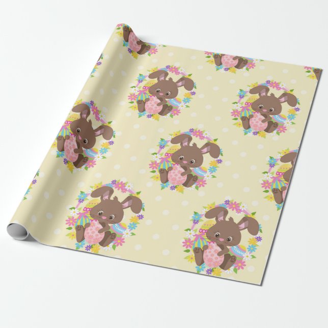 COLORFUL CHOCOLATE EASTER BUNNIES & EGGS WRAPPING PAPER (Unrolled)