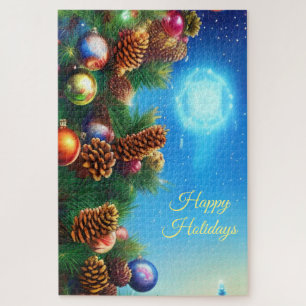 Colorful Christmas Holiday North Star & Pinecones Jigsaw Puzzle