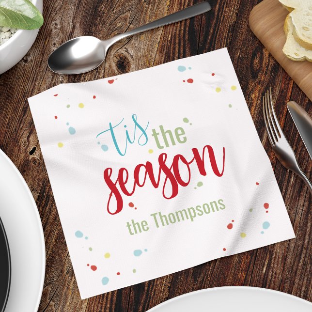 Colorful Christmas Party Tis the Season Custom Napkin (Tis the Season Christmas holiday whimsical typography paper napkin.)