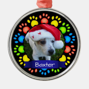 Colorful Christmas Paws Custom Pet Photo Name Metal Tree Decoration
