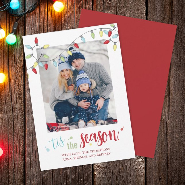 Colorful Christmas Photo String Lights Holiday Card (Tis' the Season Holiday photo card template. )