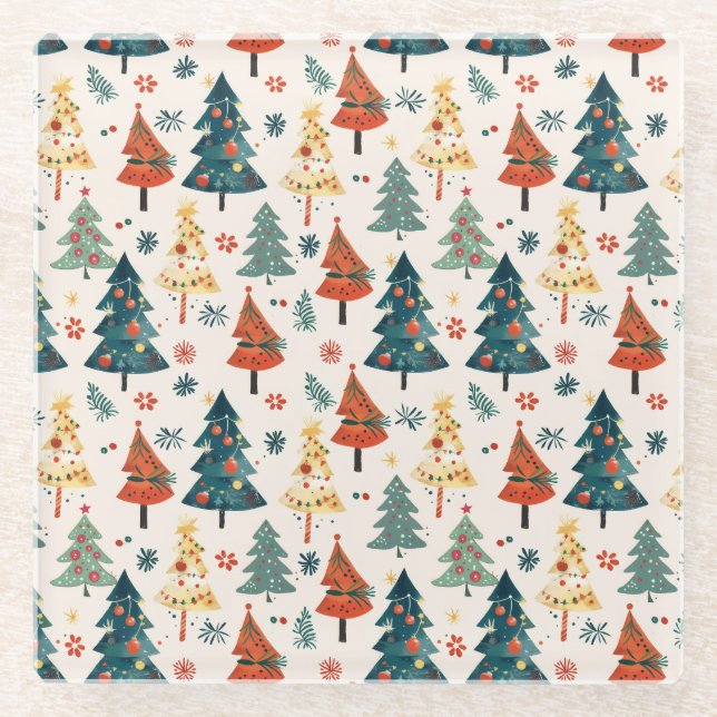 Colorful Christmas Pine Trees Seamless Pattern Glass Coaster (Front)
