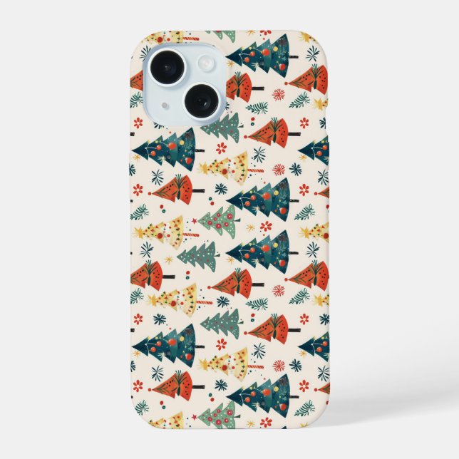 Colorful Christmas Pine Trees Seamless Pattern iPhone 15 Case (Back)