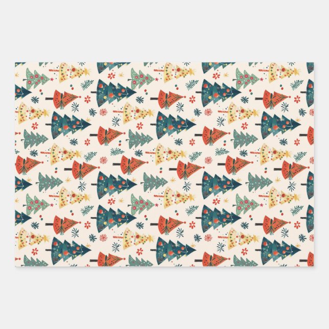 Colorful Christmas Pine Trees Seamless Pattern Wrapping Paper Sheet (Front)