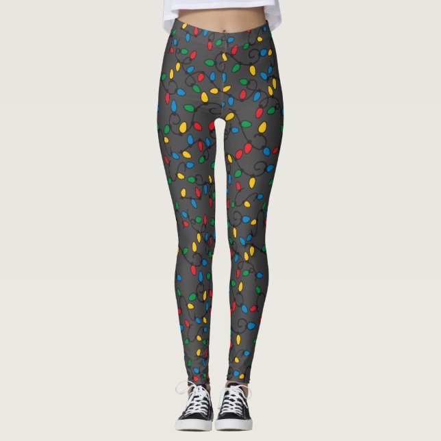 Colorful Christmas String Light Bulbs | Dark Grey Leggings (Front)