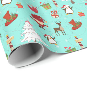 Colorful Christmas Symbols Blue-Green Background Wrapping Paper