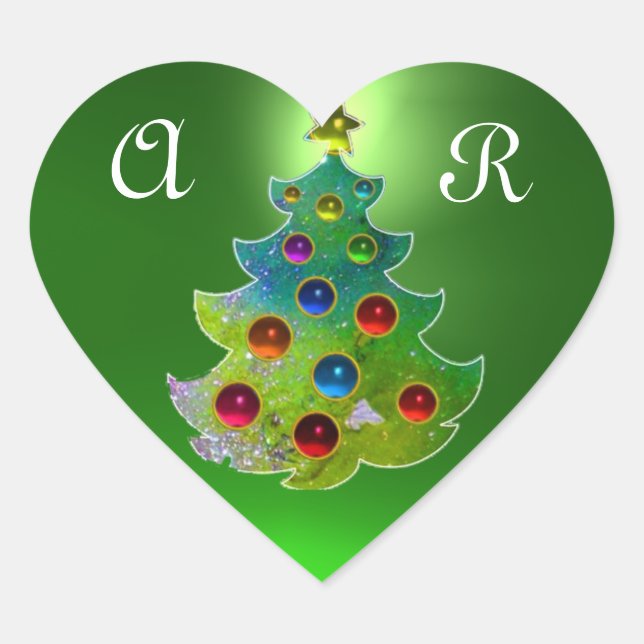 COLORFUL CHRISTMAS TREE IN GREEN GOLD SPARKLES HEART STICKER (Front)
