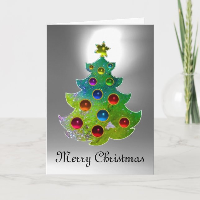 COLORFUL CHRISTMAS TREE IN GREEN GOLD SPARKLES HOLIDAY CARD (Front)