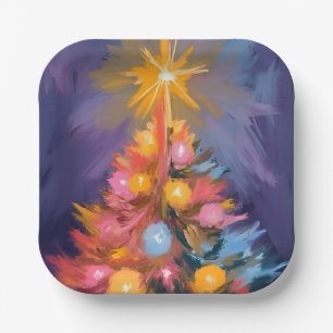 Colorful Christmas Tree Lights Watercolor Paper Plate