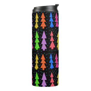Colorful Christmas Trees on Black Thermal Tumbler