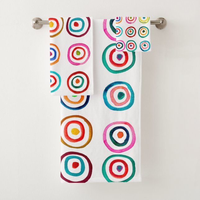 Colorful circles white simple rainbow Scandi Bath Towel Set (Insitu)