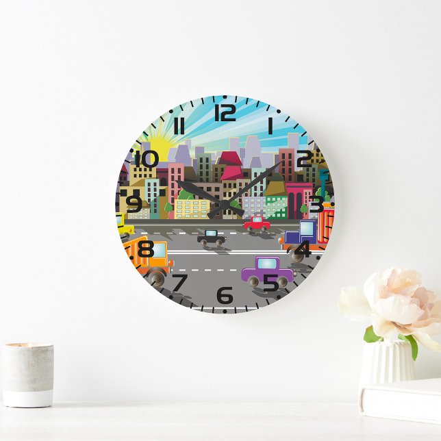 Colorful City Traffic Vibrant Urban Sunrise Large Clock (Creator Uploaded)