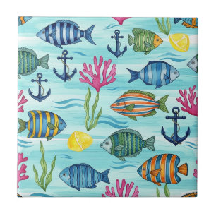 Colorful Coastal Sea Life Pattern (3) Tile